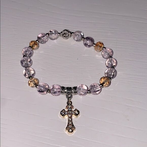 Elegant Beaded Bracelet with Cross Charm Gold Tone Clear Tan Beads - Picture 3 of 8